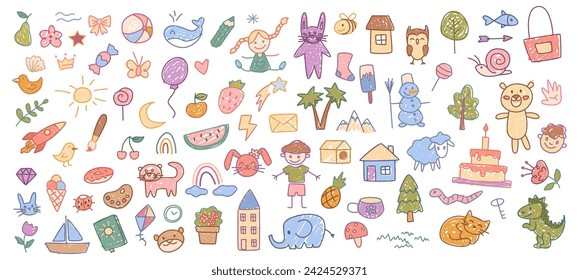 Kids drawings and painting elements. Vector flat cartoon style, isolated picture made by children. Animals and nature, people and objects, houses and fruits, vegetables and fantasy creatures