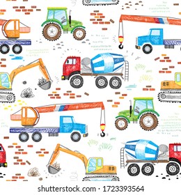 kids drawn construction trucks, tractor excavator crane cement mixer doodle seamless pattern