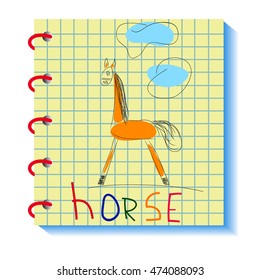 Kids drawn horse in the notebook in a cell. Vector card for your design.