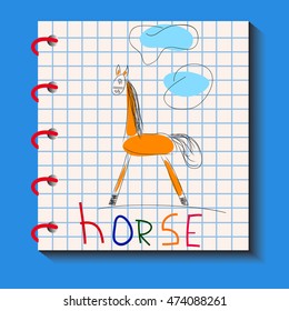 Kids drawn horse in the notebook in a cell. Vector card for your design.