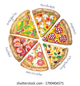 kids drawn pizza slice mozzarella seafood vegetarian pizza arugula mushroom pepperoni Italian food