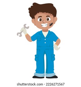 Kids' dream job cute mechanic boy on white background for kids fashion artworks, children books, birthday invitations, greeting cards, posters. Fantasy cartoon vector illustration.