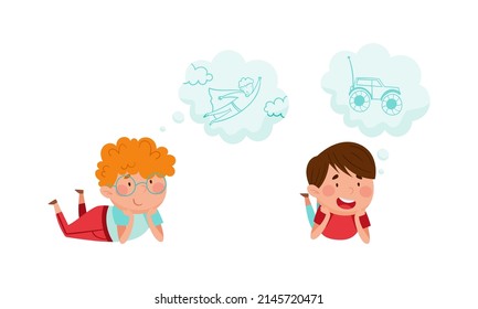 Kids with dream wishes in bubbles set. Children thinking about of becoming superhero and radio controlled car cartoon vector illustration