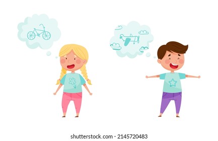 Kids with dream wishes in bubbles set. Children thinking about of flying on airplane and new bike cartoon vector illustration