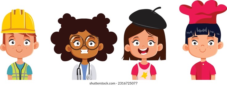 
Kids Dreaming of Different Professions Vector Cartoon Set. Children learning preparing for future careers in different fields
