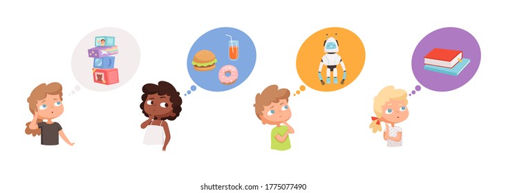 Kids dreaming. Little boys girls thinking about gifts, robots toys food books. Pensive children vector illustration