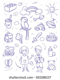 Kids dreams vector background with boy, girl, pets, toys and  other object