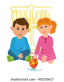 Kids With Dreidel - Boy And A Girl Are Playing With Dreidel. Eps10