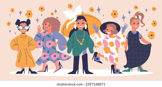 Kids dress up flat composition with girls try on oversized clothes vector illustration