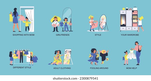 Kids dress up flat composition set with children in adult clothing isolated vector illustration