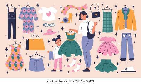 Los niños se visten con artículos planos con ropa de niña y ropa de lujo ilustraciones vectoriales aisladas