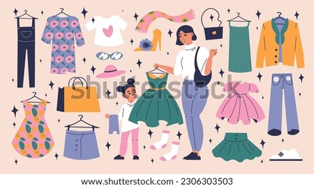 Kids dress up flat items set with little girl and fancy clothing isolated vector illustration