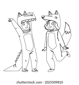 Kids Dressed Animal For Celebrate Halloween Black Line Pencil Drawing Vector. Boy Wearing Crocodile Costume And Girl In Fox Animal Dress. Characters Funny Carnival Clothes Or Pajamas Illustration