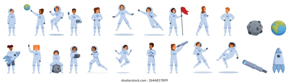 Kids dressed astronauts icons set. Diverse astronauts jumping, running, planting flags, and using telescopes, showcasing space exploration