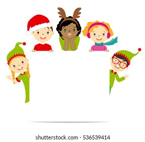 Kids dressed in Christmas costumes. space for text