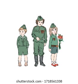 Kids dressed in forage-caps and military uniforms standing together and congratulations on the Great Victory Day. 