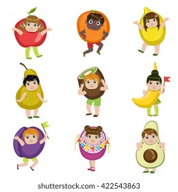 Kids Dressed As Fruits Set Of Colorful Simple Design Vector Drawings Isolated On White Background
