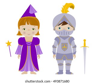 Kids dressed for Halloween or carnival, Cute boy and girl in fairy and knight costumes, cartoon vector.