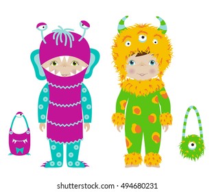 Kids dressed for Halloween or carnival, Cute boy and girl in monster costumes with bags, cartoon vector.