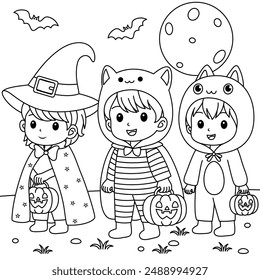 Kids dressed in Halloween costumes colouring. Halloween Outline Coloring Page