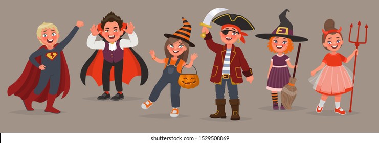 Kids dressed in Halloween costumes. Trick or treat. Boys and girls celebrate the holiday. Element for design. Vector illustration in cartoon style