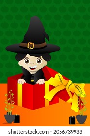 Kids dressed for Halloween in a gift box. Vector cartoon character illustration of kids ready to Trick or Treat.