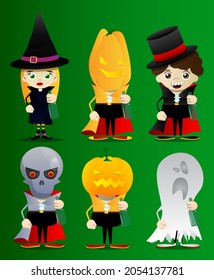 Kids dressed for Halloween holding a bottle. Vector cartoon character illustration of kids ready to Trick or Treat.