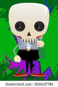 Kids dressed for Halloween holding a bottle. Vector cartoon character illustration of kids ready to Trick or Treat.
