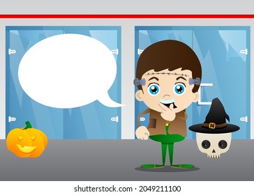 Kids dressed for Halloween holding finger front of his mouth. Vector cartoon character illustration of kids ready to Trick or Treat.