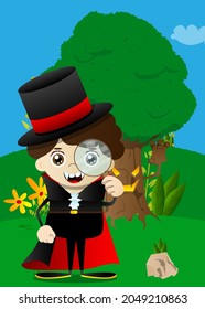 Kids dressed for Halloween holding a magnifying glass. Vector cartoon character illustration of kids ready to Trick or Treat.