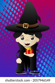 Kids dressed for Halloween holding small gift box. Vector cartoon character illustration of kids ready to Trick or Treat.