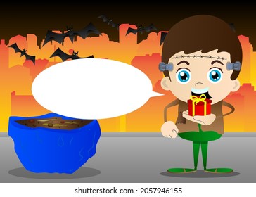 Kids dressed for Halloween holding small gift box. Vector cartoon character illustration of kids ready to Trick or Treat.