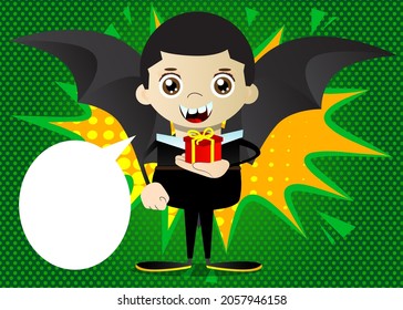 Kids dressed for Halloween holding small gift box. Vector cartoon character illustration of kids ready to Trick or Treat.