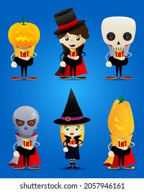 Kids dressed for Halloween holding small gift box. Vector cartoon character illustration of kids ready to Trick or Treat.