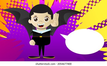 Kids dressed for Halloween holds hand at his ear, listening. Vector cartoon character illustration of kids ready to Trick or Treat.