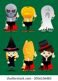 Kids dressed for Halloween making a point. Vector cartoon character illustration of kids ready to Trick or Treat.