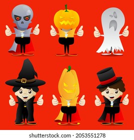 Kids dressed for Halloween making thumbs up sign with two hands. Vector cartoon character illustration of kids ready to Trick or Treat.