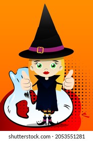 Kids dressed for Halloween making thumbs up sign with two hands. Vector cartoon character illustration of kids ready to Trick or Treat.