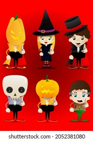 Kids dressed for Halloween pointing at the viewer with his hand. Vector cartoon character illustration of kids ready to Trick or Treat.