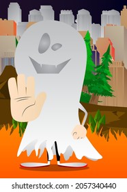 Kids dressed for Halloween showing deny or refuse hand gesture. Vector cartoon character illustration of kids ready to Trick or Treat.