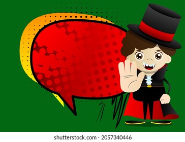 Kids dressed for Halloween showing deny or refuse hand gesture. Vector cartoon character illustration of kids ready to Trick or Treat.