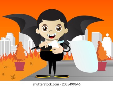 Kids dressed for Halloween using a mobile phone. Vector cartoon character illustration of kids ready to Trick or Treat.