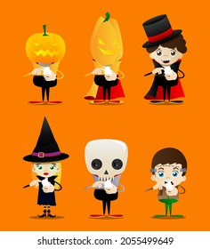 Kids dressed for Halloween using a mobile phone. Vector cartoon character illustration of kids ready to Trick or Treat.