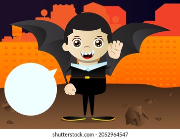 Kids dressed for Halloween with waving hand. Vector cartoon character illustration of kids ready to Trick or Treat.