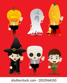 Kids dressed for Halloween with waving hand. Vector cartoon character illustration of kids ready to Trick or Treat.