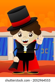 Kids dressed for Halloween with waving hand. Vector cartoon character illustration of kids ready to Trick or Treat.