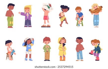 Kids dressing. Children change wear clothes, boy girl putting shoe shirt jeans pants or dress kid undress garments changing clothing, child independence classy vector illustration original artwork