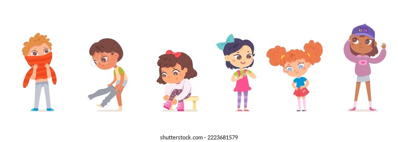 Kids dressing up set vector illustration. Cartoon isolated confident girls and boys put up clothes by himself, adorable independent children sitting and standing, undressing and dressing pants, dress