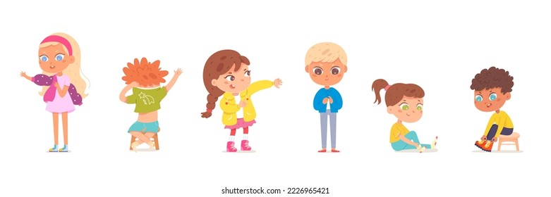 Kids dressing up set vector illustration. Cartoon isolated confident girls and boys put up clothes by himself, adorable independent children sitting and standing, undressing and dressing pants, dress