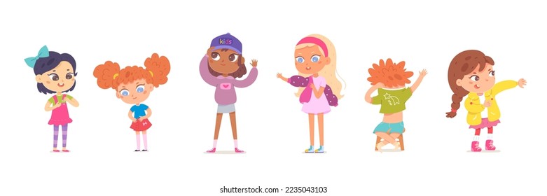 Kids dressing up set vector illustration. Cartoon isolated confident girls and boys put up clothes by himself, adorable independent children sitting and standing, undressing and dressing pants, dress